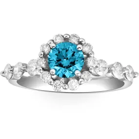 1 1/2Ct Blue & White Diamond Halo Engagement Ring in 10k White Gold