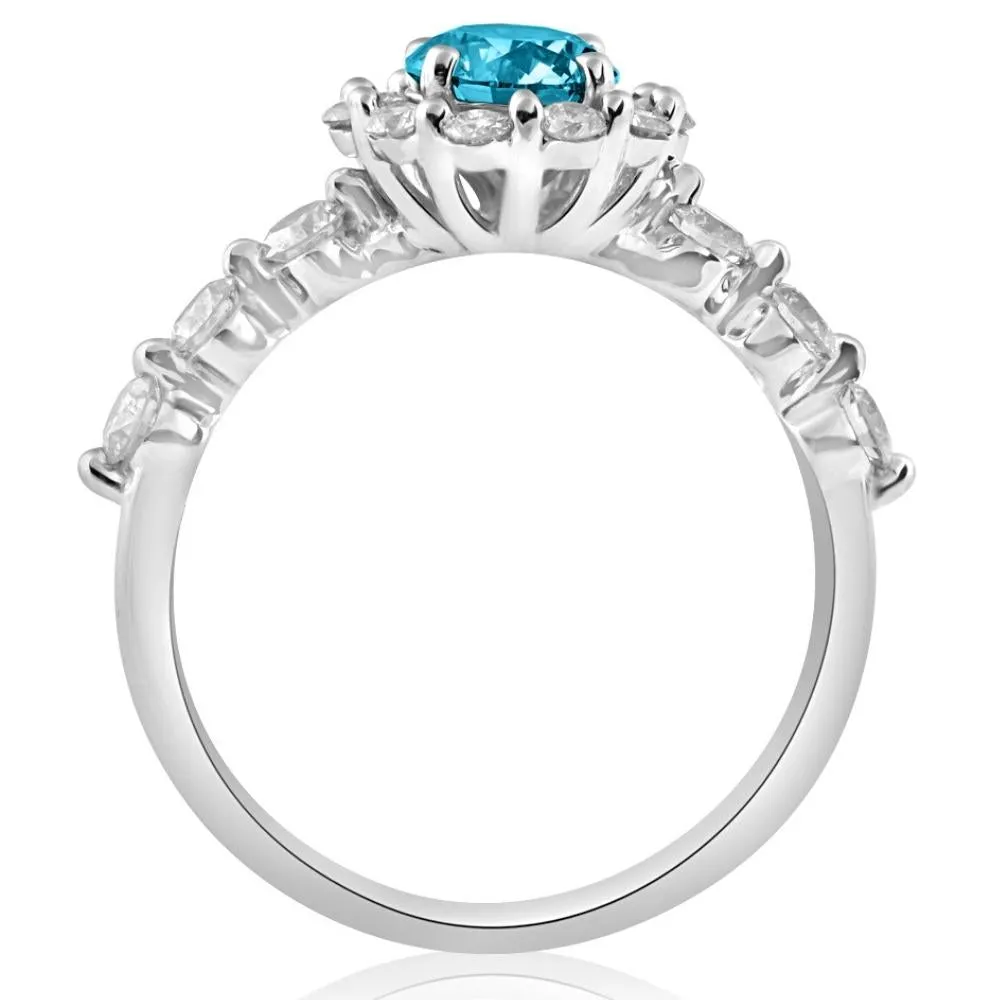 1 1/2Ct Blue & White Diamond Halo Engagement Ring in 10k White Gold