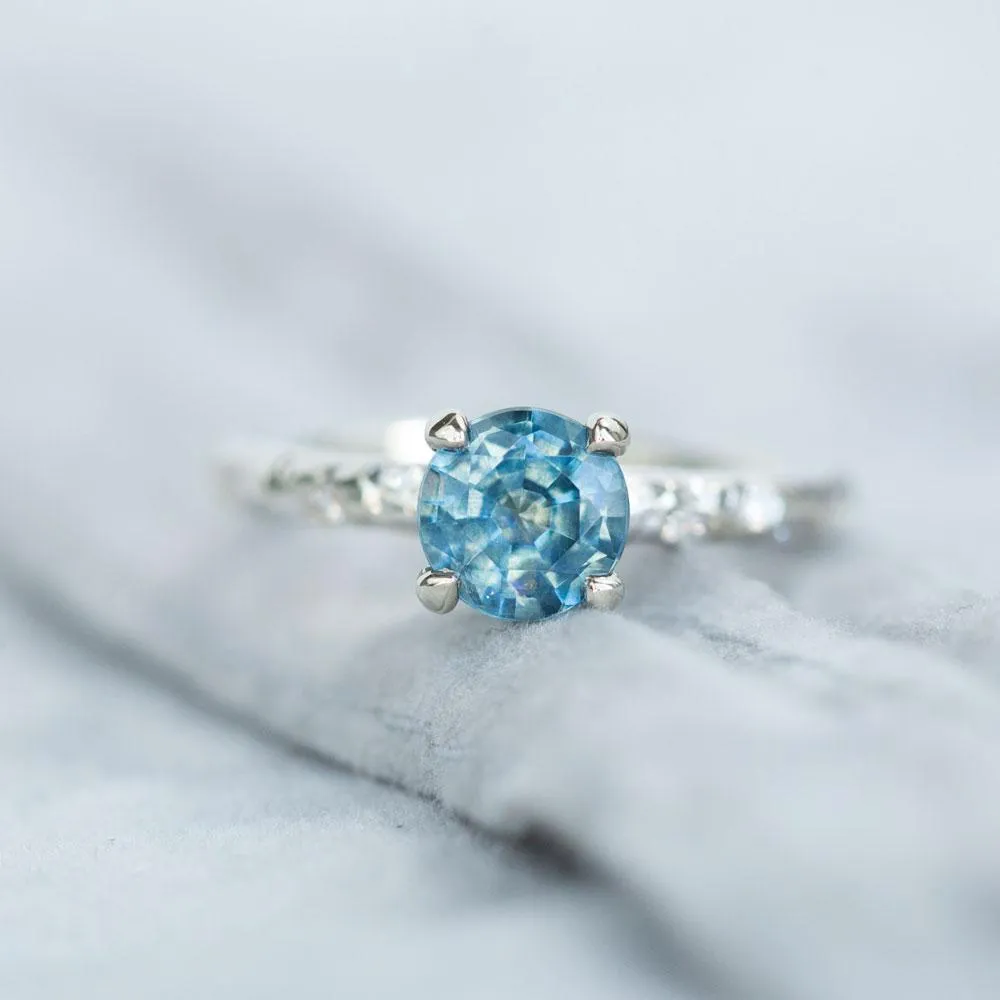 1.18ct Montana Sapphire Ring in White Gold Evergreen Solitaire with Scattered Embedded Diamonds