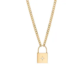 14k Large Padlock with Star Set Diamond Curb Chain Necklace