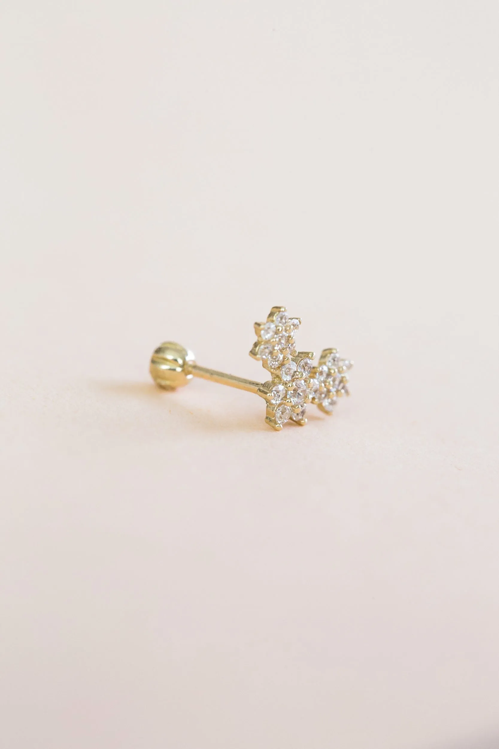 14k Real Solid Gold Triple Flower Barbell Ear Stud Earring Piercing