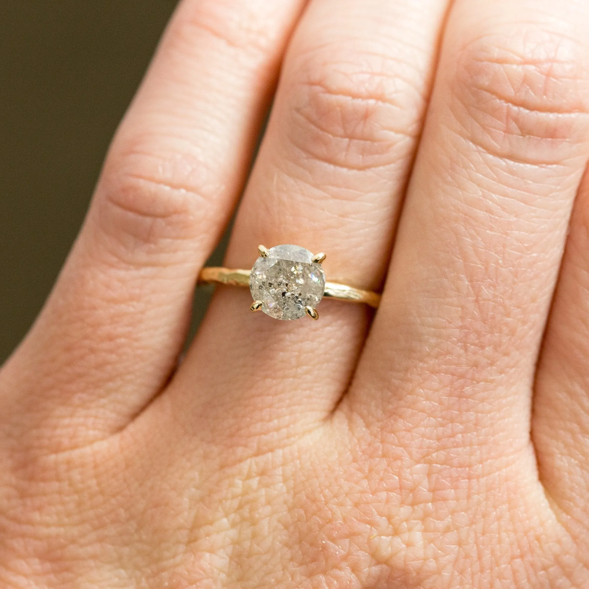 1.56ct Grey Salt & Pepper Diamond in Hand Carved Solitaire Engagement Ring - Yellow Gold Round Solitaire