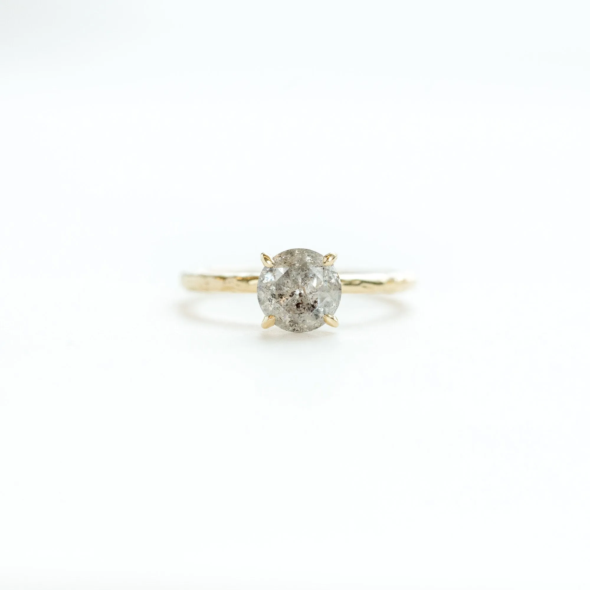 1.56ct Grey Salt & Pepper Diamond in Hand Carved Solitaire Engagement Ring - Yellow Gold Round Solitaire