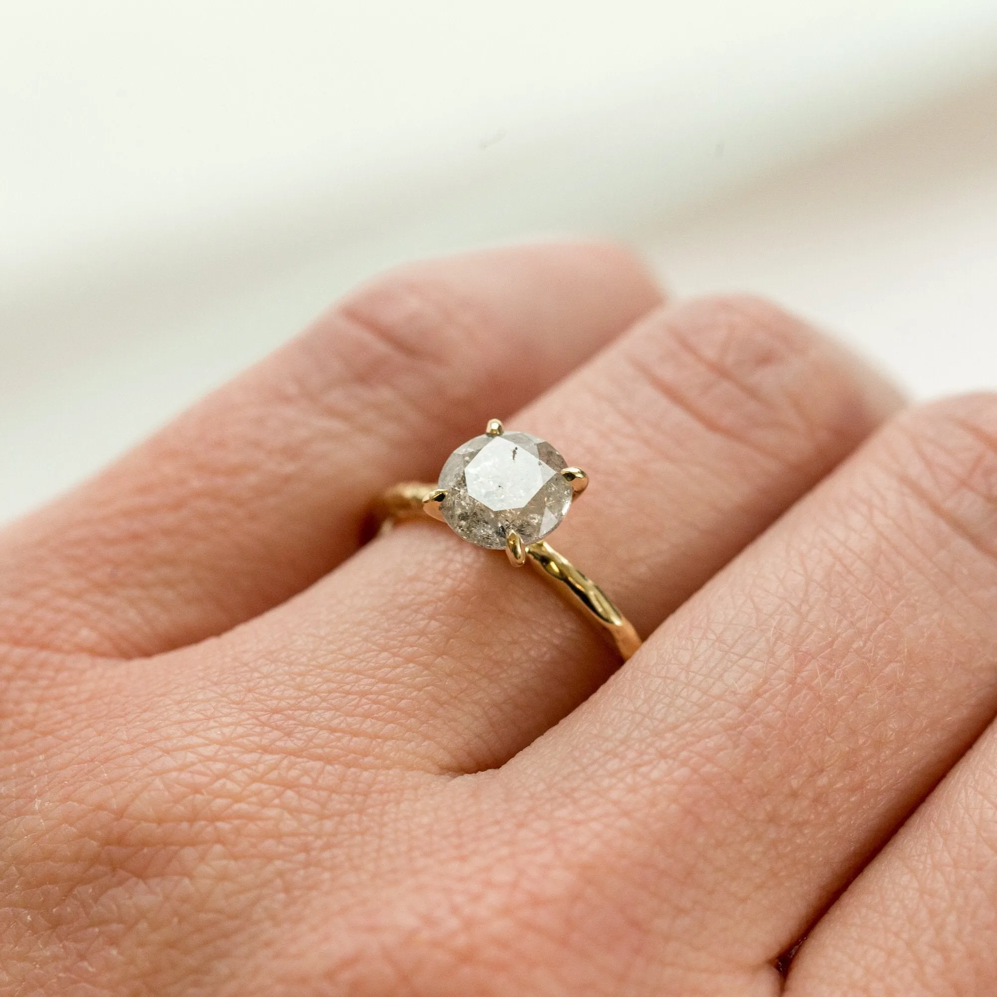 1.56ct Grey Salt & Pepper Diamond in Hand Carved Solitaire Engagement Ring - Yellow Gold Round Solitaire