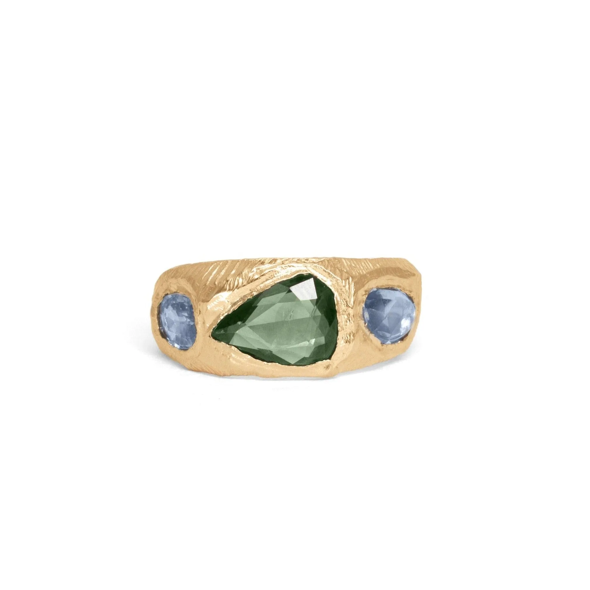 18K Three Stone Ring in Green and Blue Sapphire