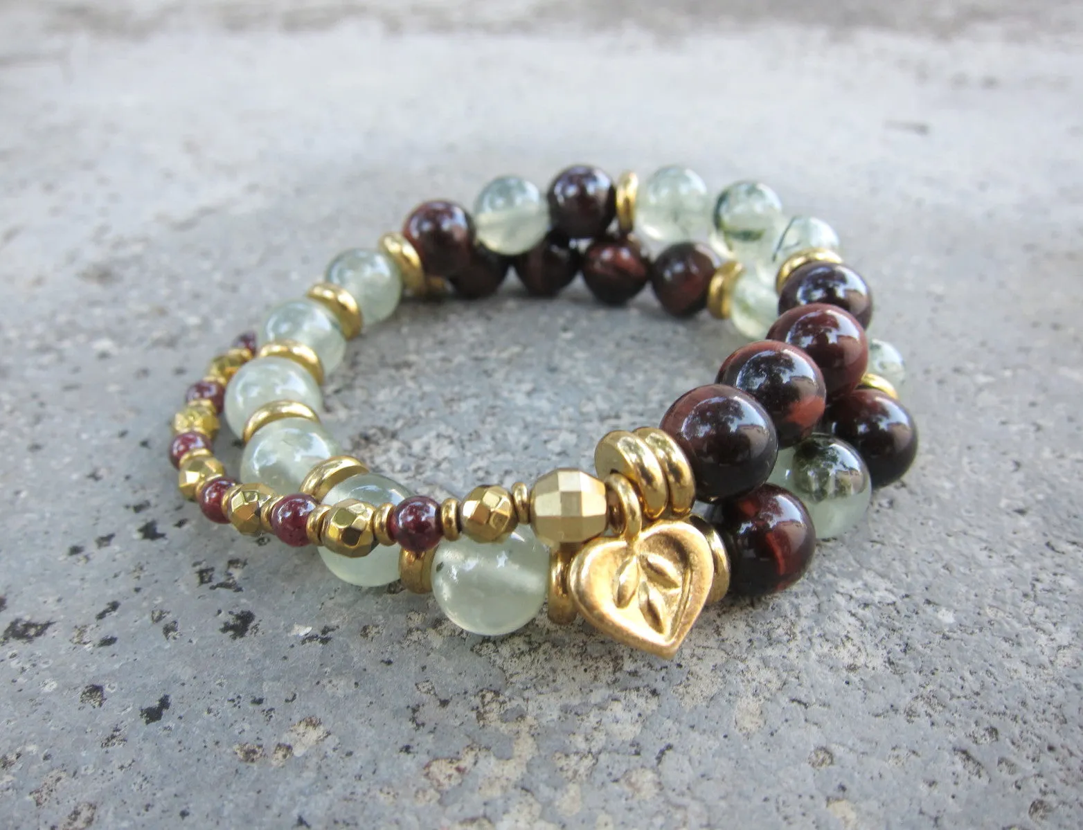 27 Bead Mala Bracelet in Prehnite, Garnet, Red Tiger w/ 24K Gold Vermeil Heart Shape Charm