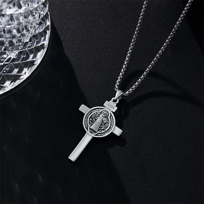 925 Sterling Silver  Benedict Crucifix Necklace Protection Catholic Jewelry Gifts for Men Women