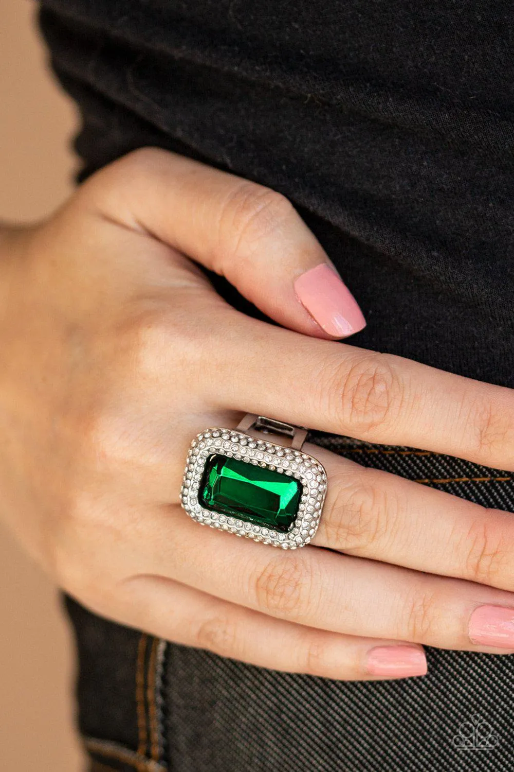 A Grand STATEMENT-MAKER Emerald Green Rhinestone Ring - Paparazzi Accessories