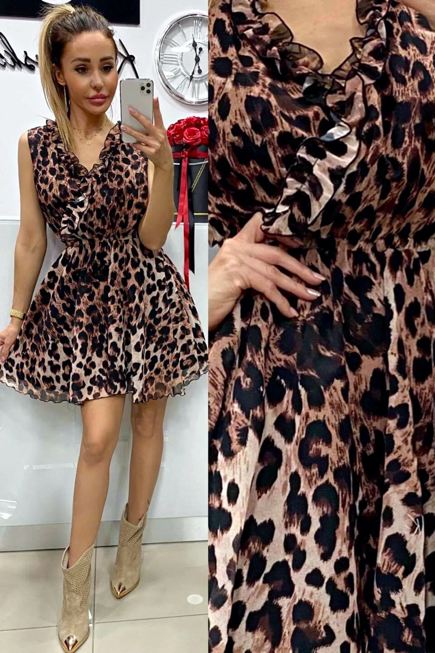 Abito estivo casual a fantasia leopardata Moda Mania con scollo a V rifinito da rouches