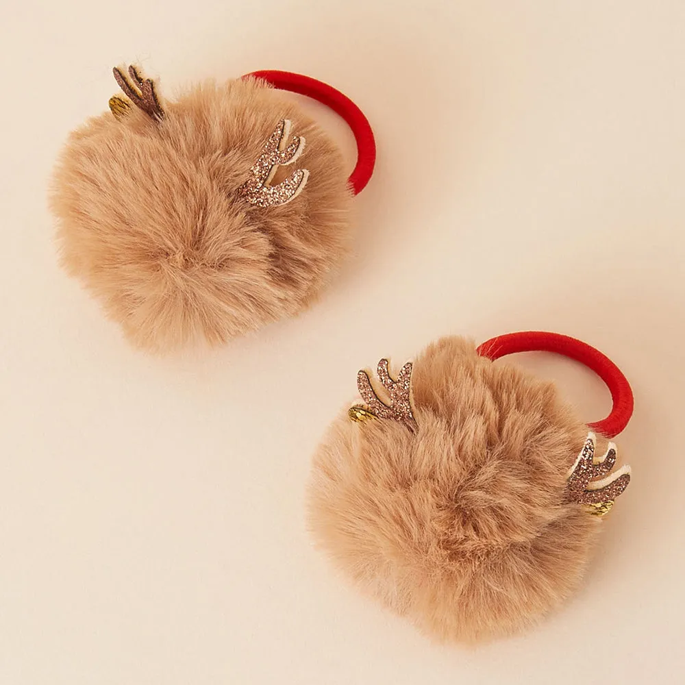 Accessorize London Girl's Brown Christmas Reindeer Hair Pom Ponies