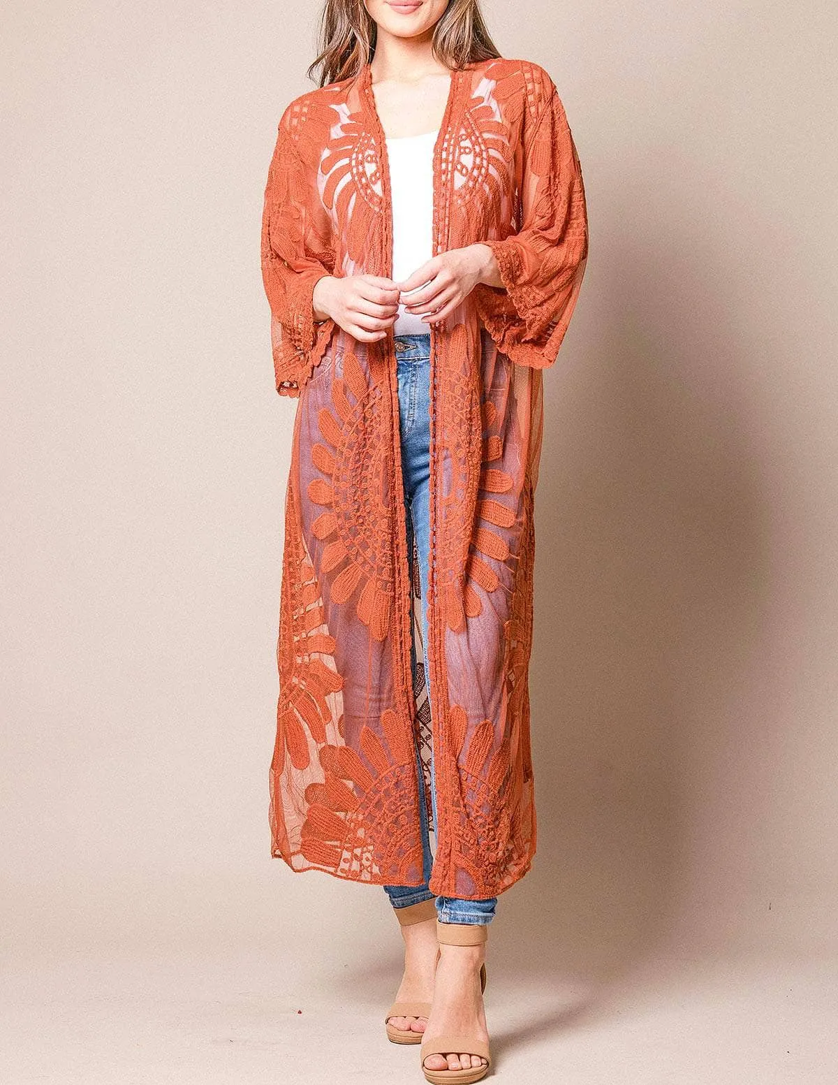 Akila Lace Kimono Wrap - Terracotta