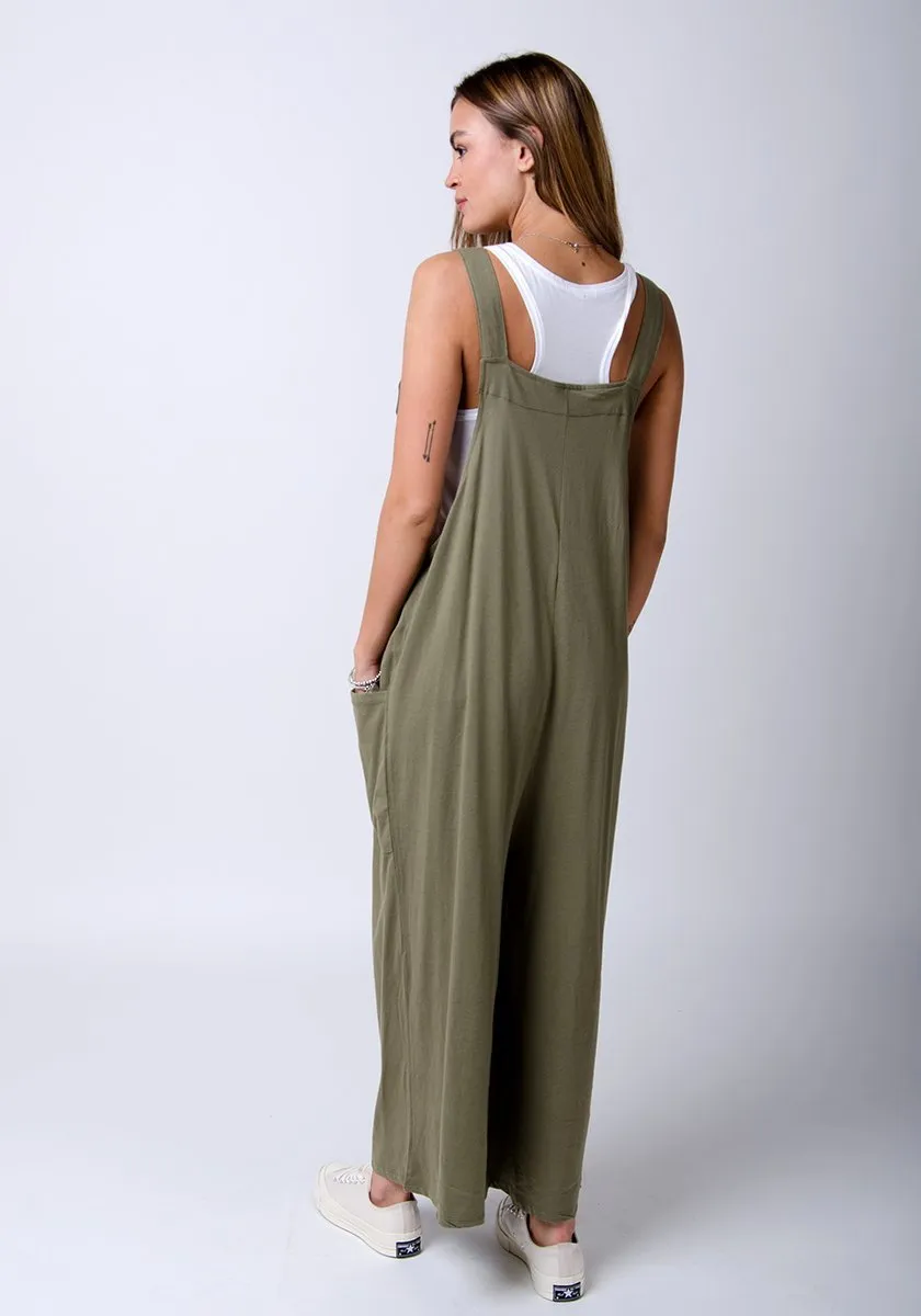 AMBER Loose Fit Jersey Dungarees - Khaki