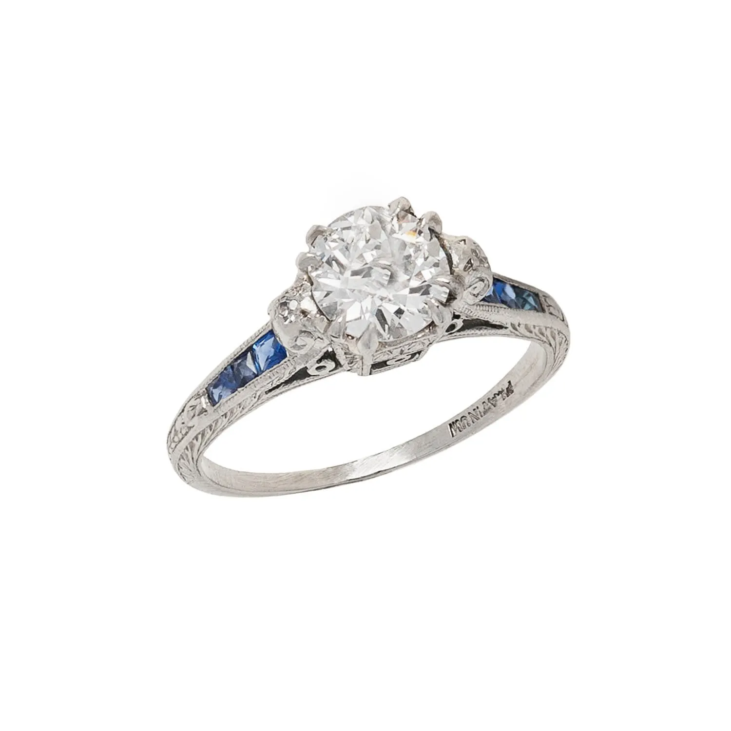 Art Deco Platinum, Diamond   Sapphire Engagement Ring 1.04ctw Center