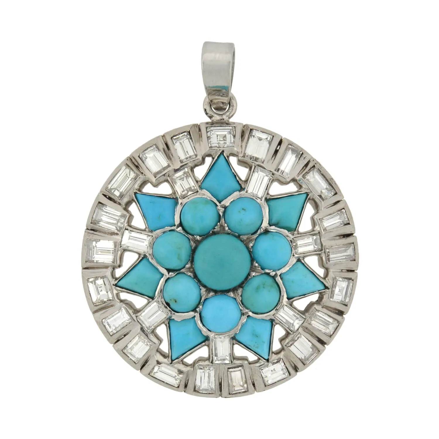 Art Deco Platinum Turquoise   Diamond Starburst Pendant 3.00ctw