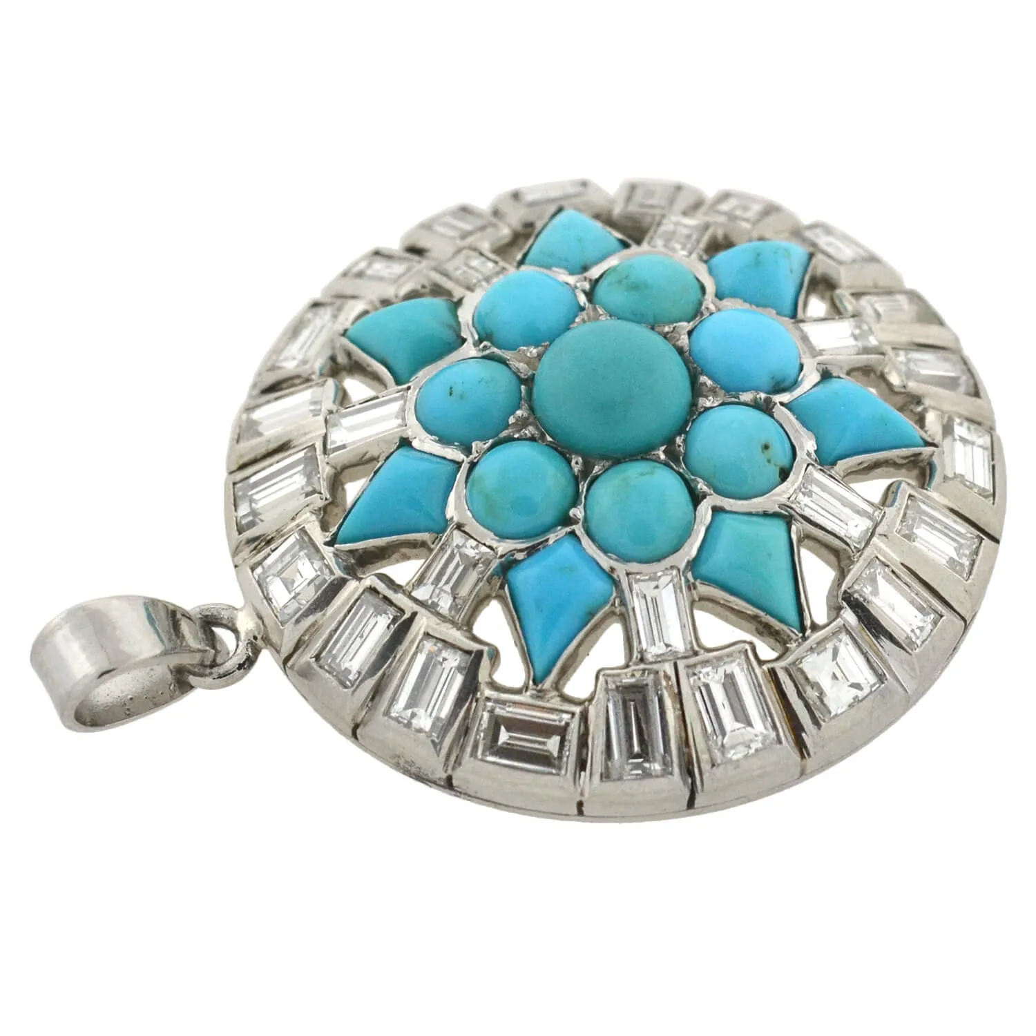 Art Deco Platinum Turquoise   Diamond Starburst Pendant 3.00ctw