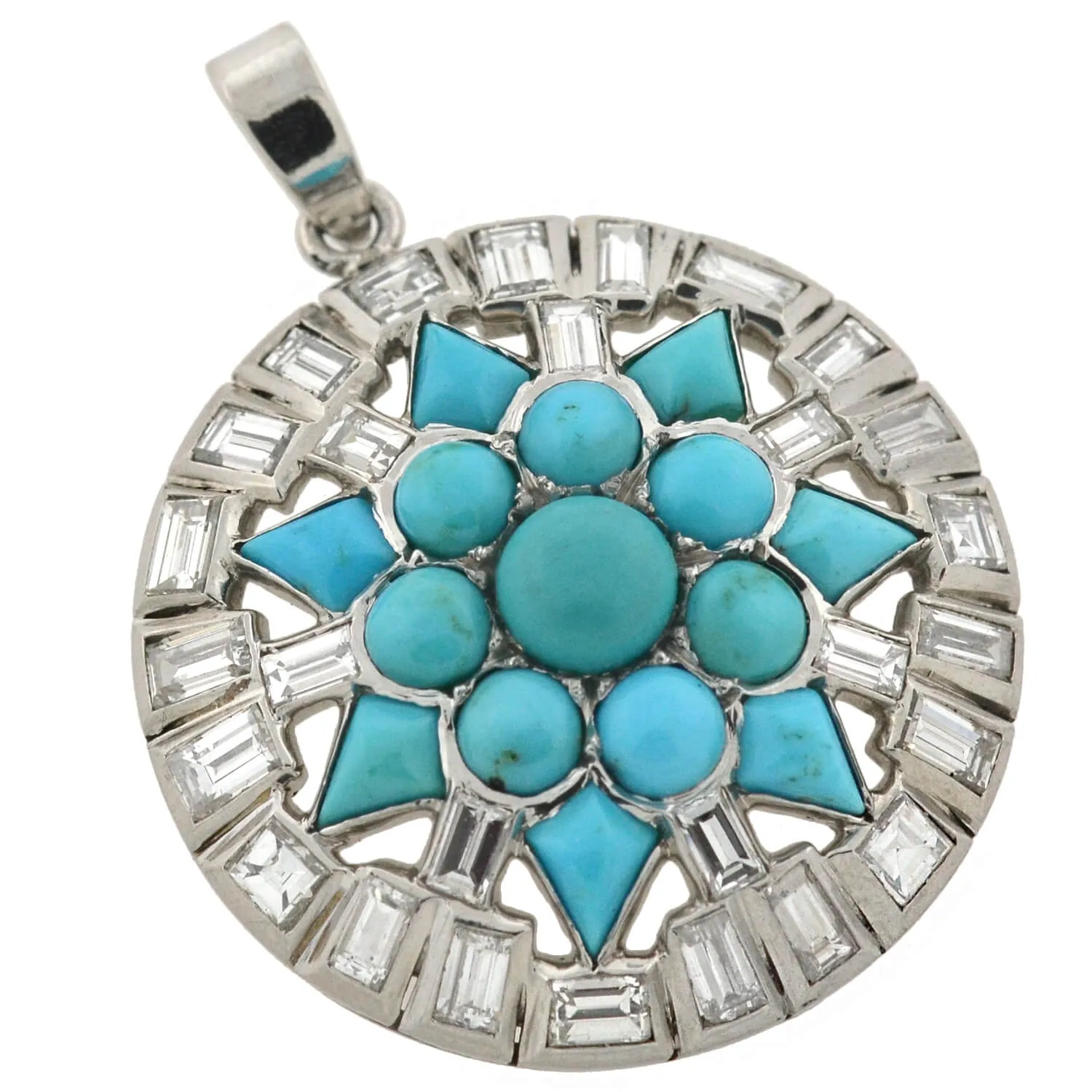 Art Deco Platinum Turquoise   Diamond Starburst Pendant 3.00ctw