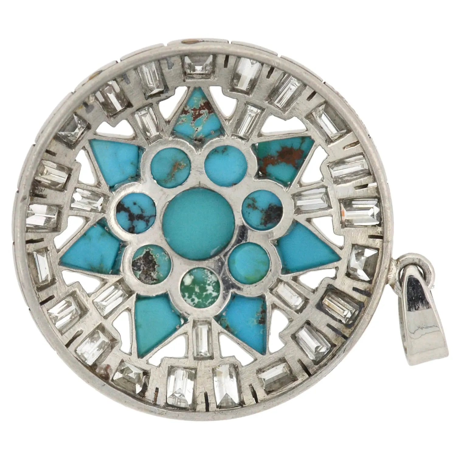 Art Deco Platinum Turquoise   Diamond Starburst Pendant 3.00ctw