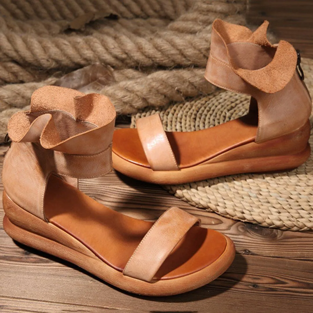 Babakud Casual Leather Ruffled Wedge Sandals With Zippers