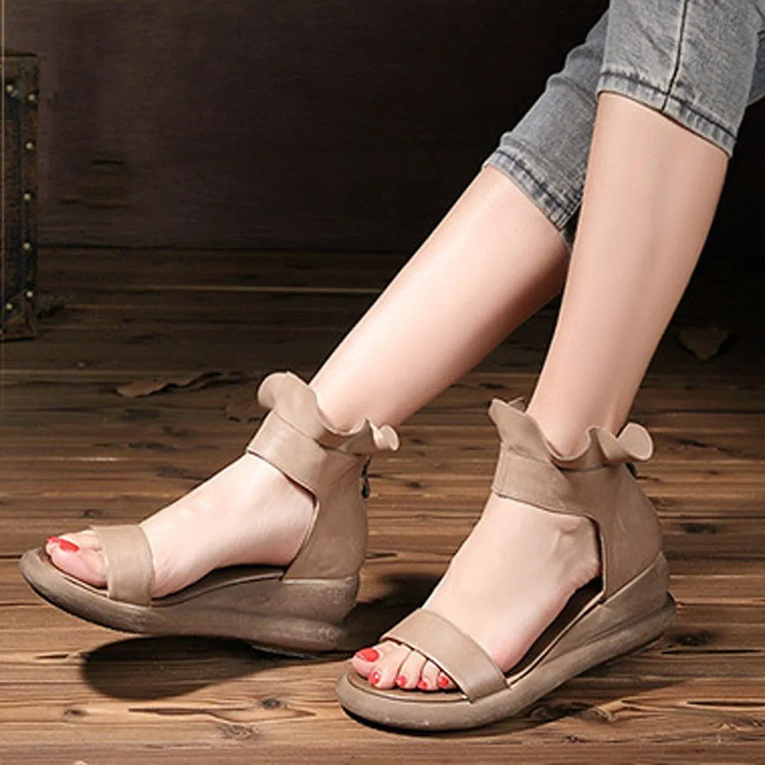 Babakud Casual Leather Ruffled Wedge Sandals With Zippers