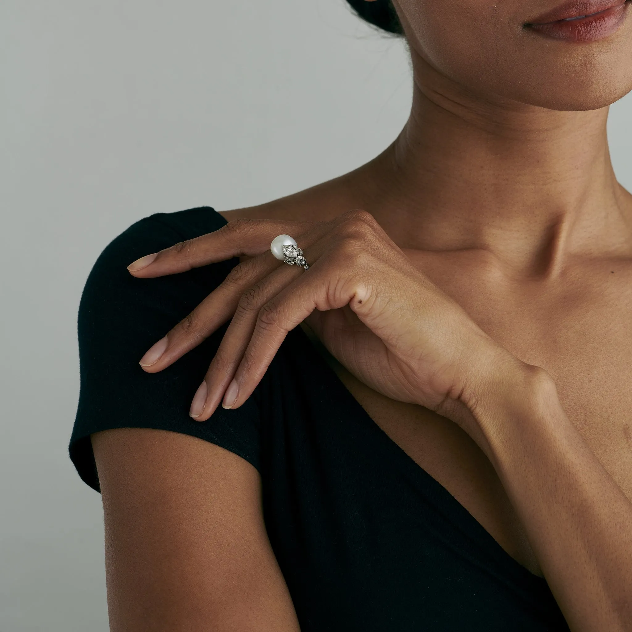 Baroque Freshwater Pearl and Diamond Flexible Ring