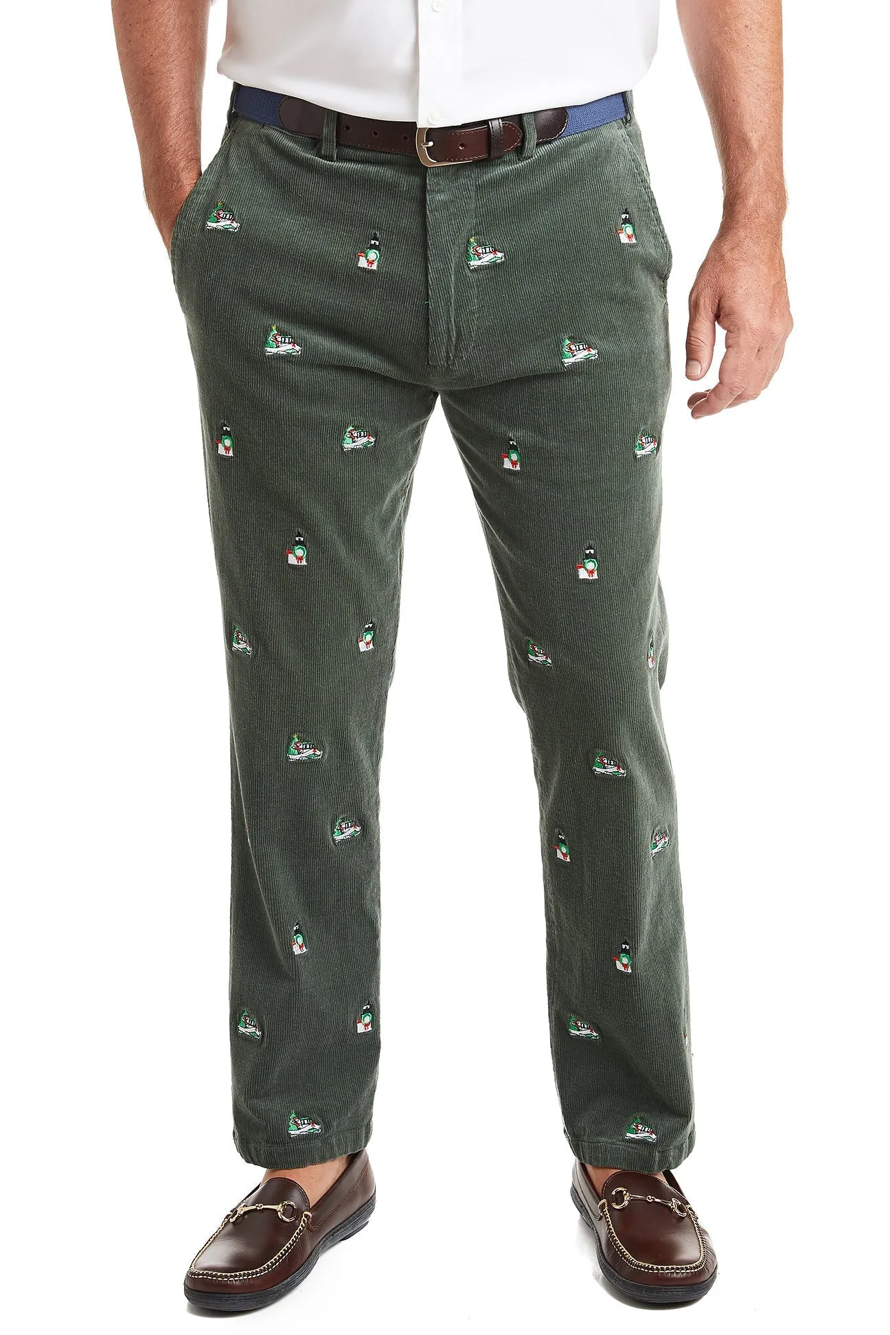 Beachcomber Corduroy Pant Olive with Santa Boat and Lighthouse