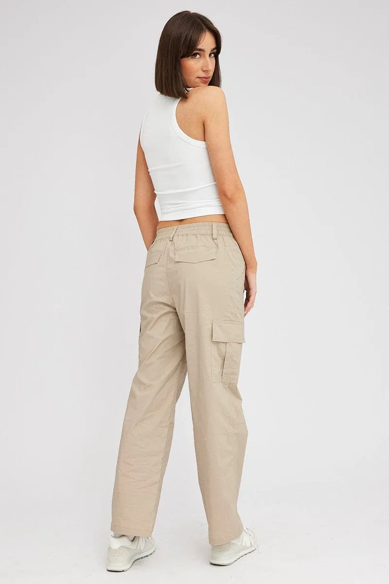 Beige Cargo Pants Mid Rise