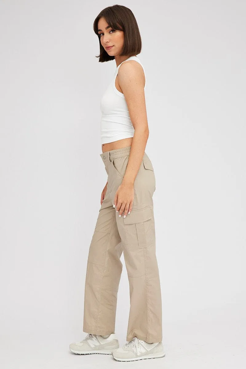 Beige Cargo Pants Mid Rise