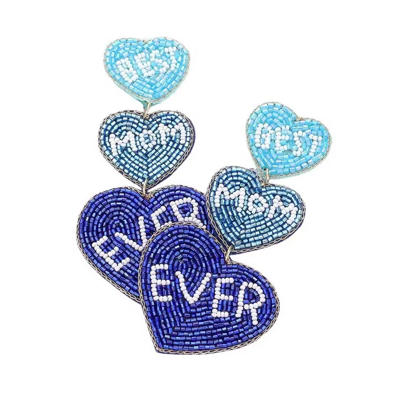 BEST MOM EVER Message Triple Heart Beaded Dropdown Earrings