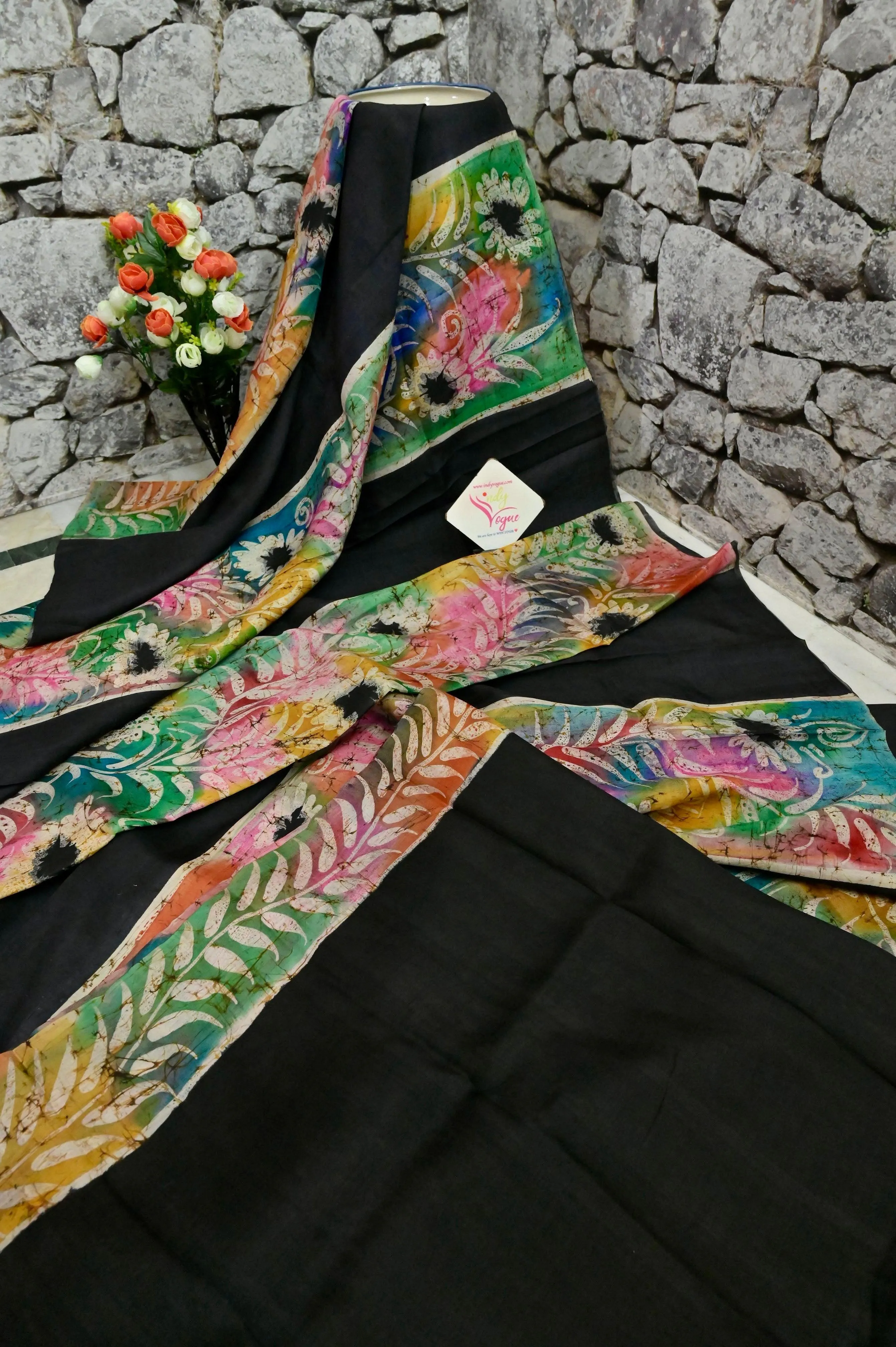 Black and Multicolored Pure Bishnupur Silk Saree with Hand Batik and Hand Paint