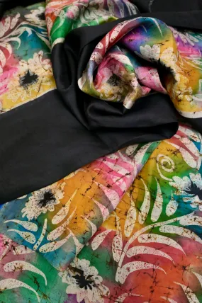 Black and Multicolored Pure Bishnupur Silk Saree with Hand Batik and Hand Paint