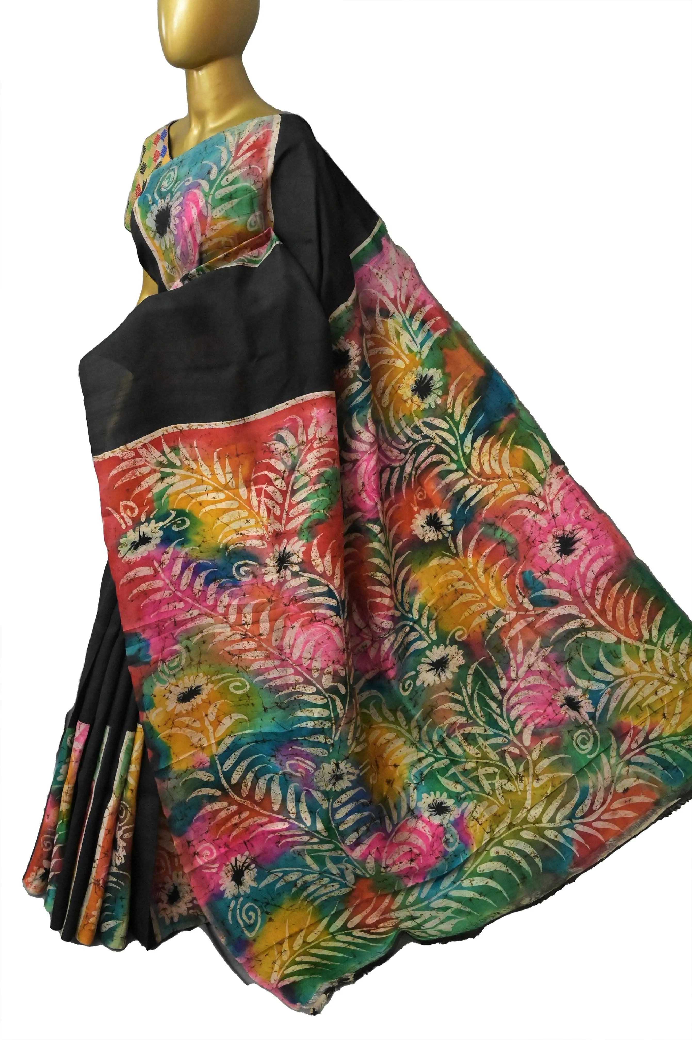 Black and Multicolored Pure Bishnupur Silk Saree with Hand Batik and Hand Paint