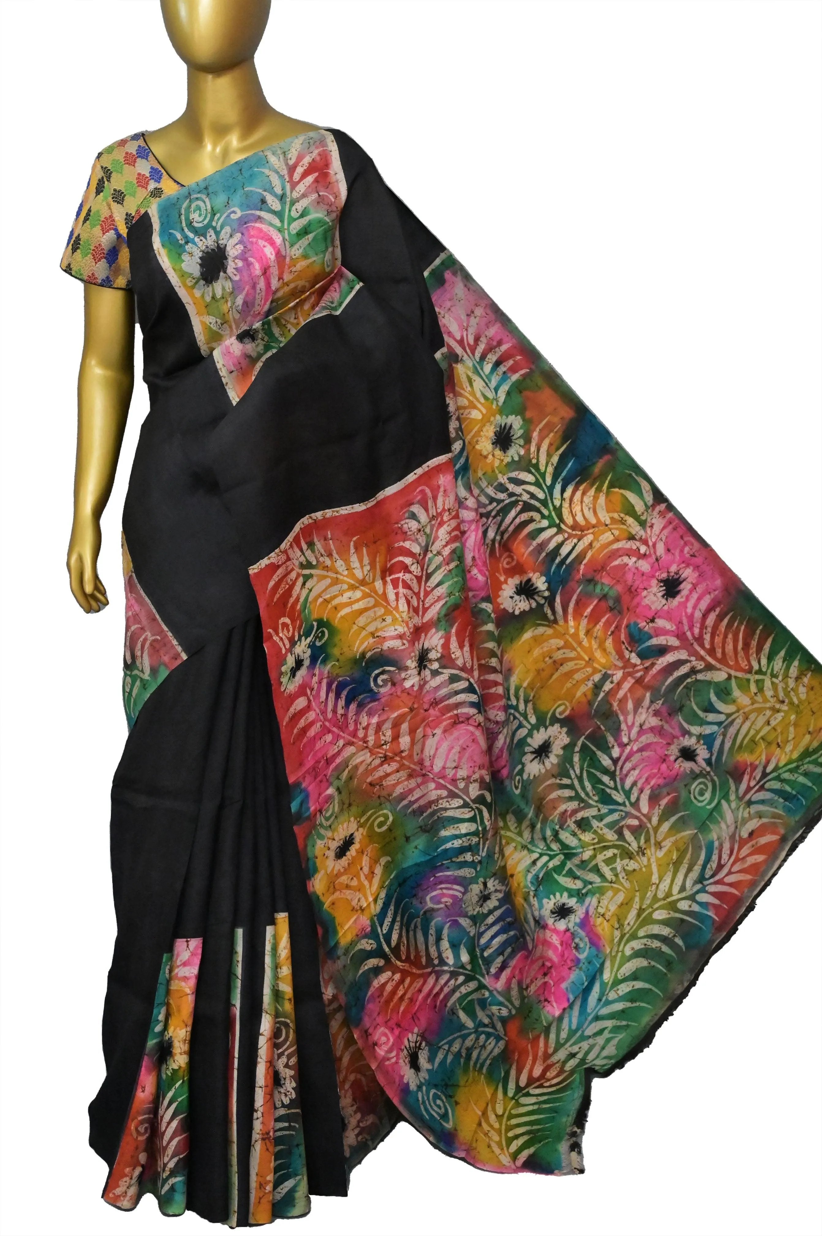 Black and Multicolored Pure Bishnupur Silk Saree with Hand Batik and Hand Paint