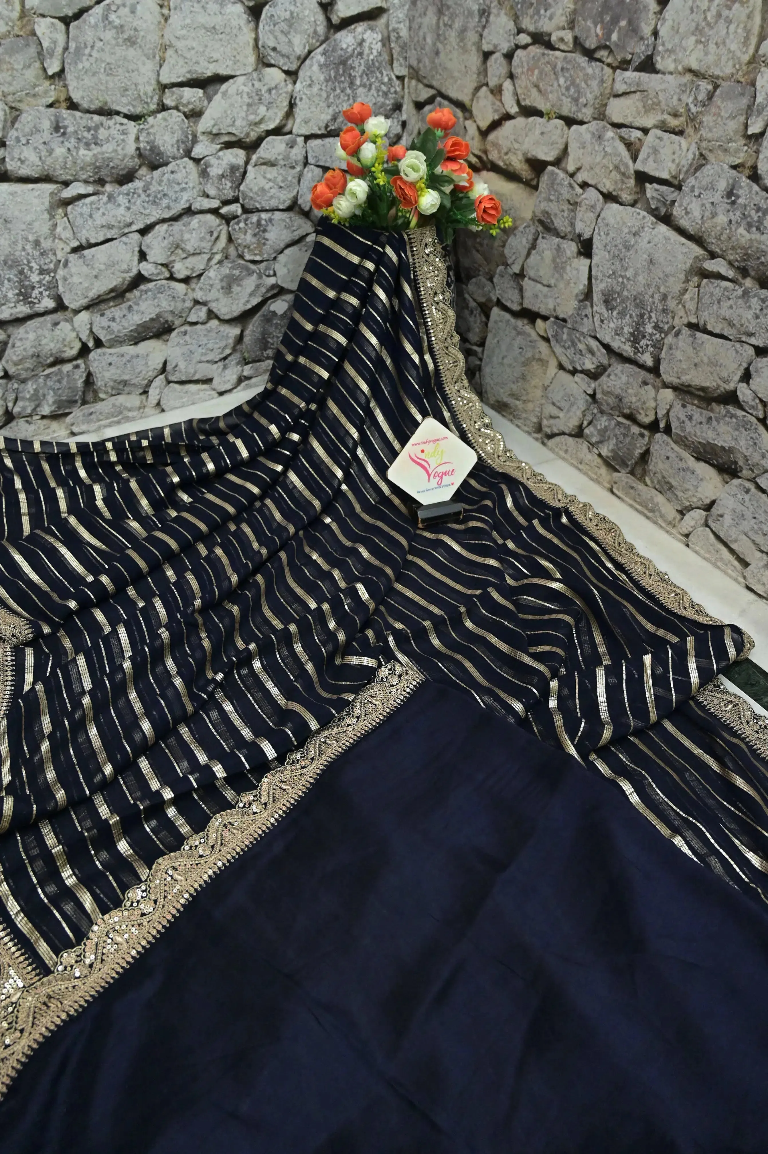 Black Color Georgette Saree with Sabyasachi Style Contrast Border