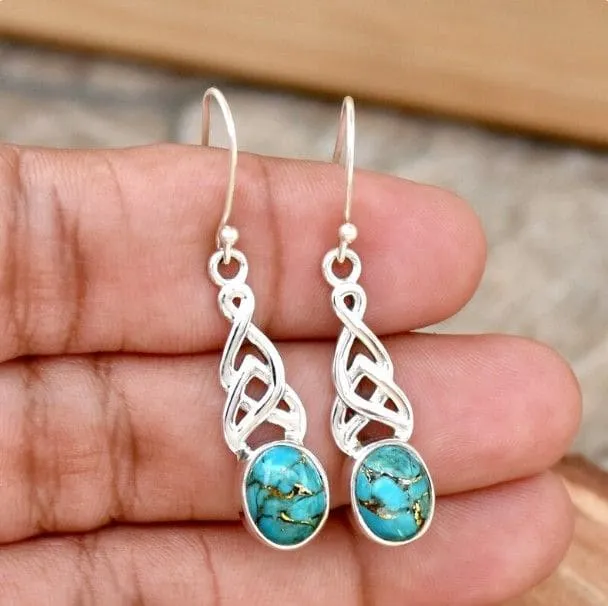 Blue Copper Turquoise 925 Sterling Silver Dangle Earrings