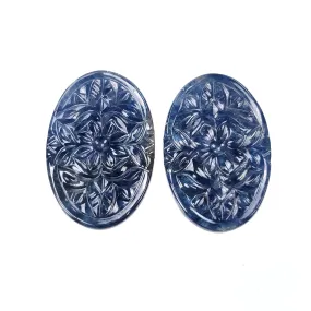 BLUE SAPPHIRE Gemstone Carving : 53.00cts Natural Untreated Unheated Sapphire Hand Carved Oval Shape 36.5*24mm Pair (With Video)