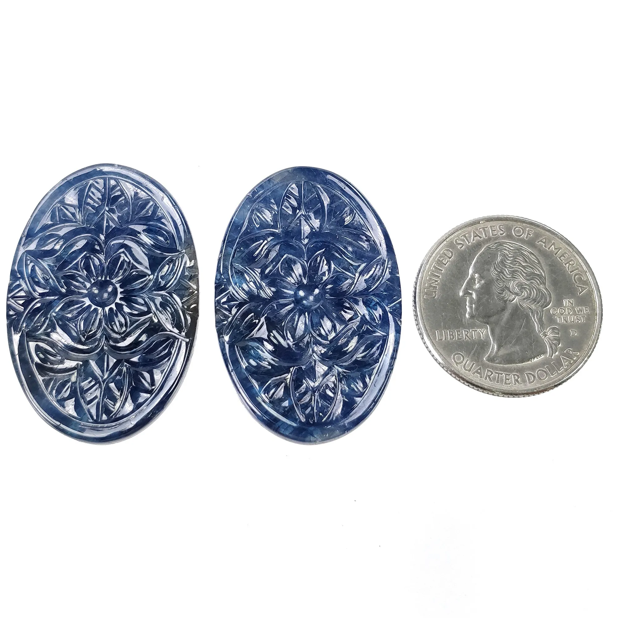 BLUE SAPPHIRE Gemstone Carving : 53.00cts Natural Untreated Unheated Sapphire Hand Carved Oval Shape 36.5*24mm Pair (With Video)