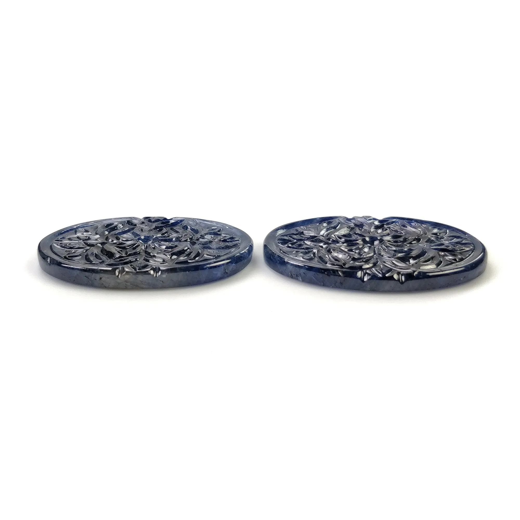 BLUE SAPPHIRE Gemstone Carving : 53.00cts Natural Untreated Unheated Sapphire Hand Carved Oval Shape 36.5*24mm Pair (With Video)