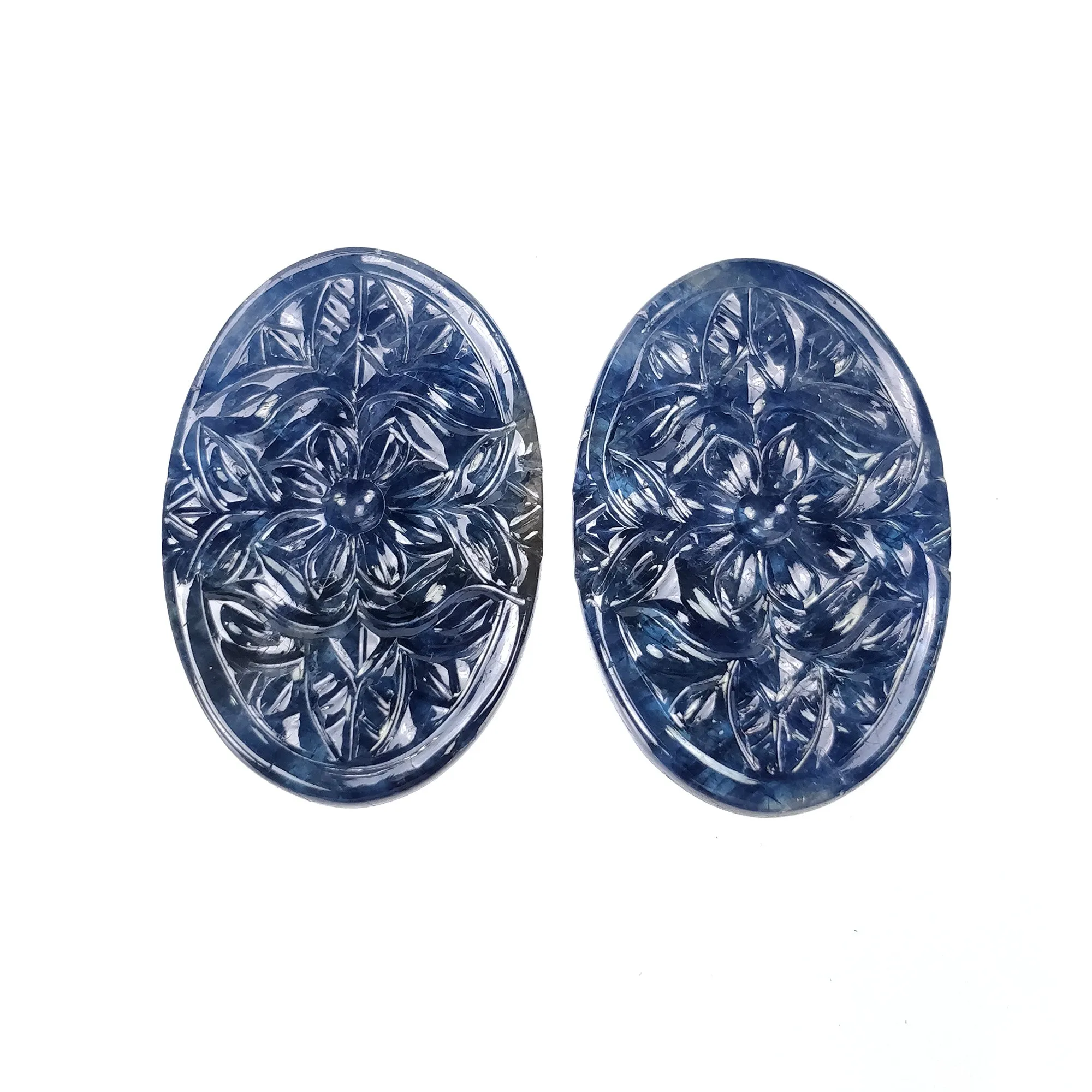 BLUE SAPPHIRE Gemstone Carving : 53.00cts Natural Untreated Unheated Sapphire Hand Carved Oval Shape 36.5*24mm Pair (With Video)