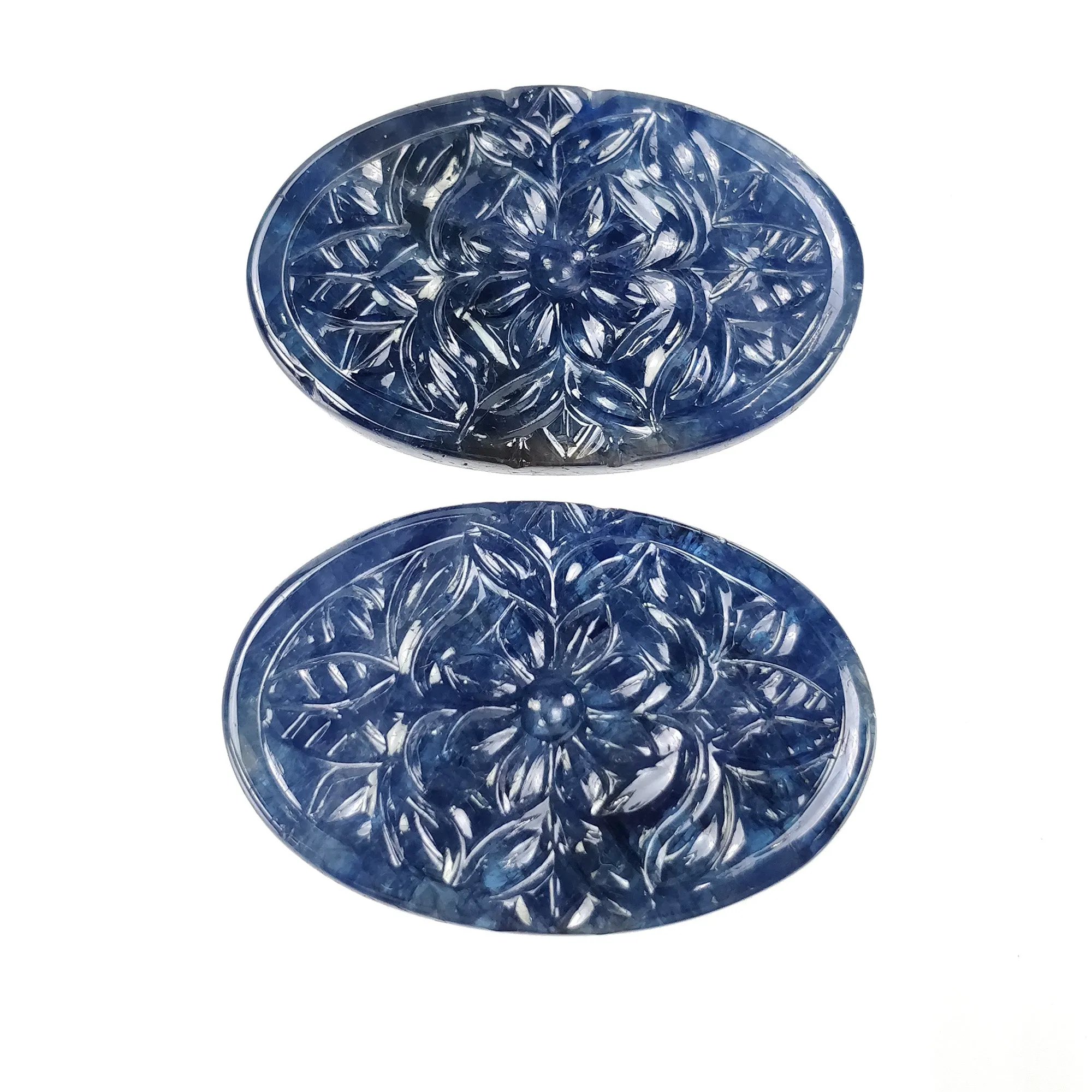 BLUE SAPPHIRE Gemstone Carving : 53.00cts Natural Untreated Unheated Sapphire Hand Carved Oval Shape 36.5*24mm Pair (With Video)