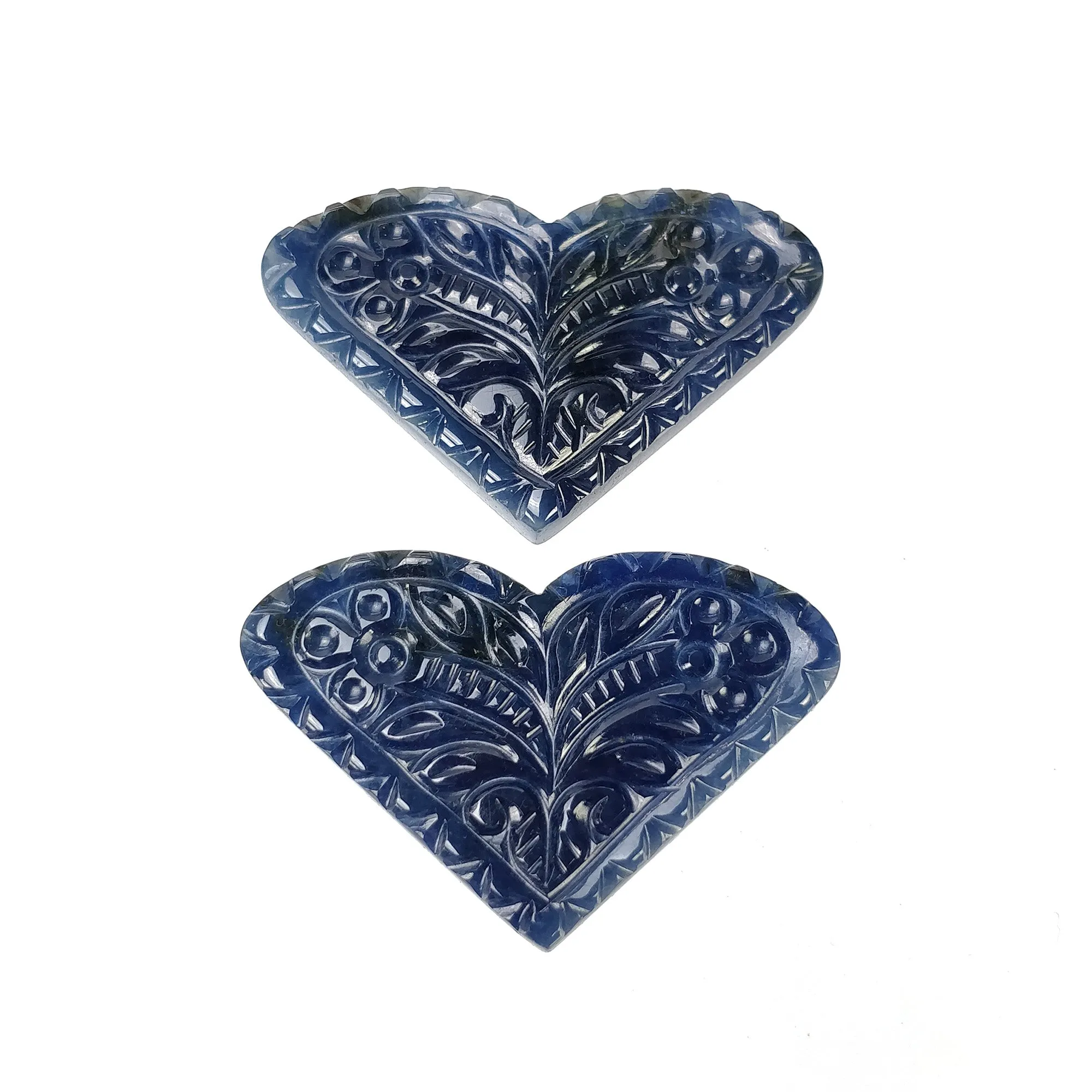 BLUE SAPPHIRE Gemstone Carving : 76.50cts Natural Untreated Sapphire Hand Carved Heart Shape 42*29mm Pair (With Video)