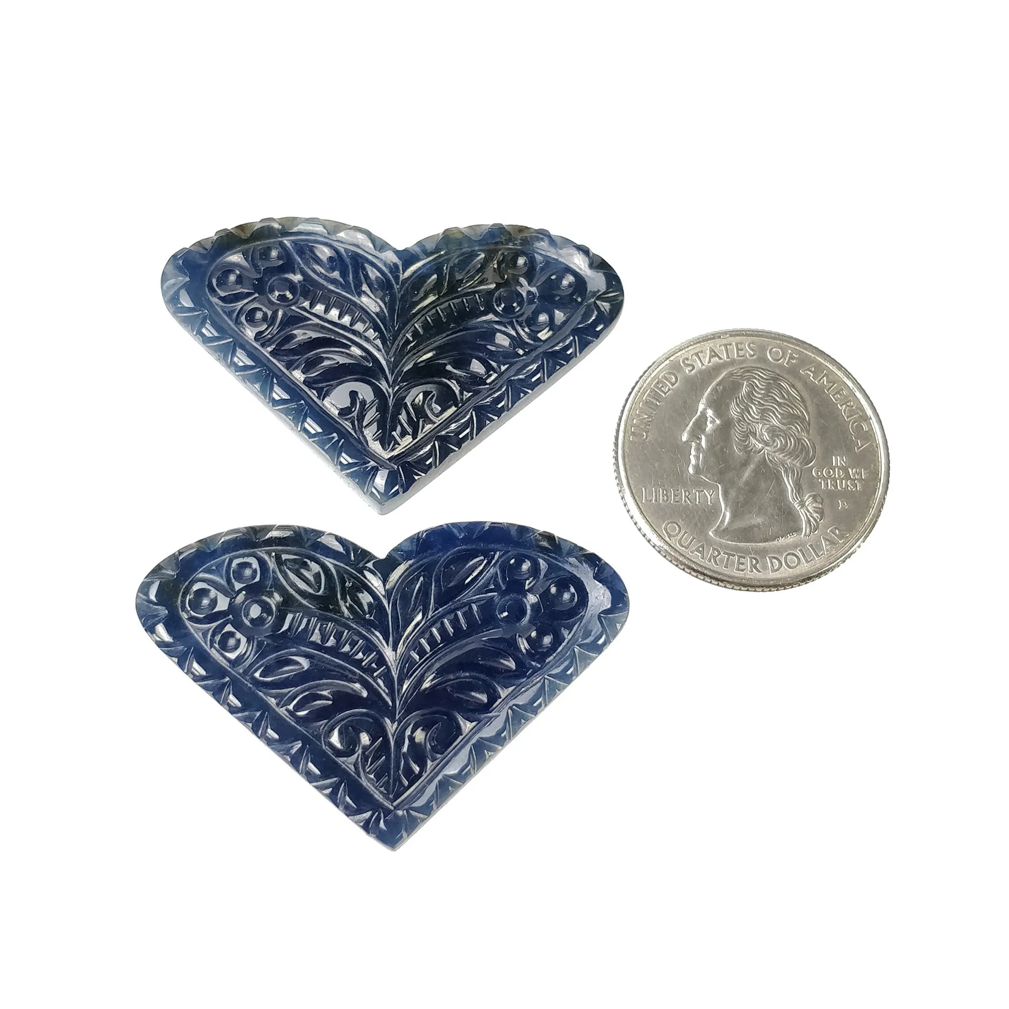 BLUE SAPPHIRE Gemstone Carving : 76.50cts Natural Untreated Sapphire Hand Carved Heart Shape 42*29mm Pair (With Video)