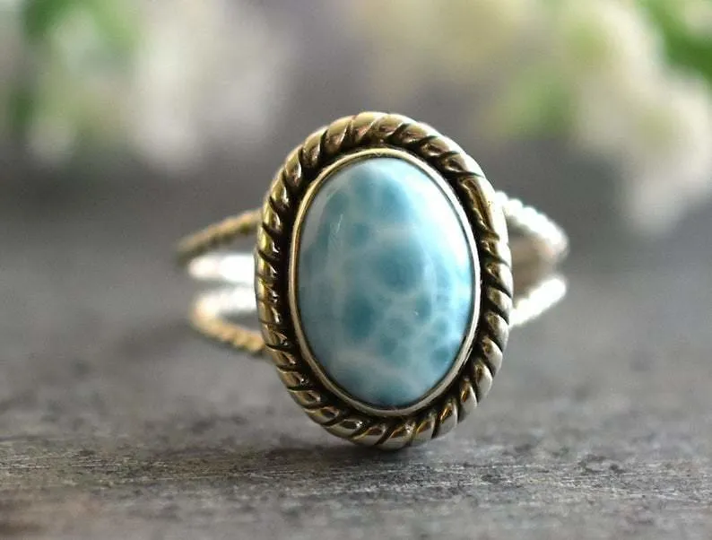 Boho Larimar 925 Sterling Silver Statement Ring, Handcrafted Jewelry, For Her