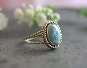 Boho Larimar 925 Sterling Silver Statement Ring, Handcrafted Jewelry, For Her