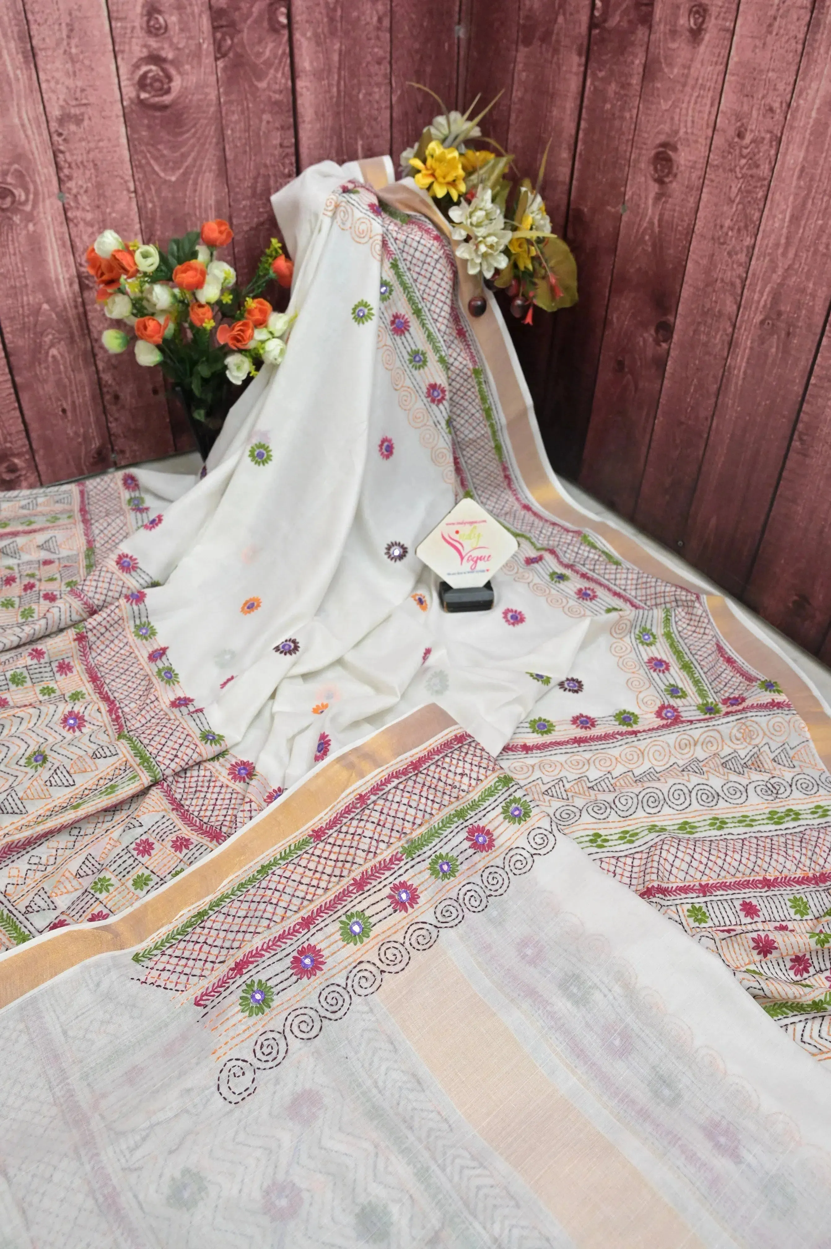 Bone White Color Kerala Cotton Saree with Hand Lambani and Mirror Work