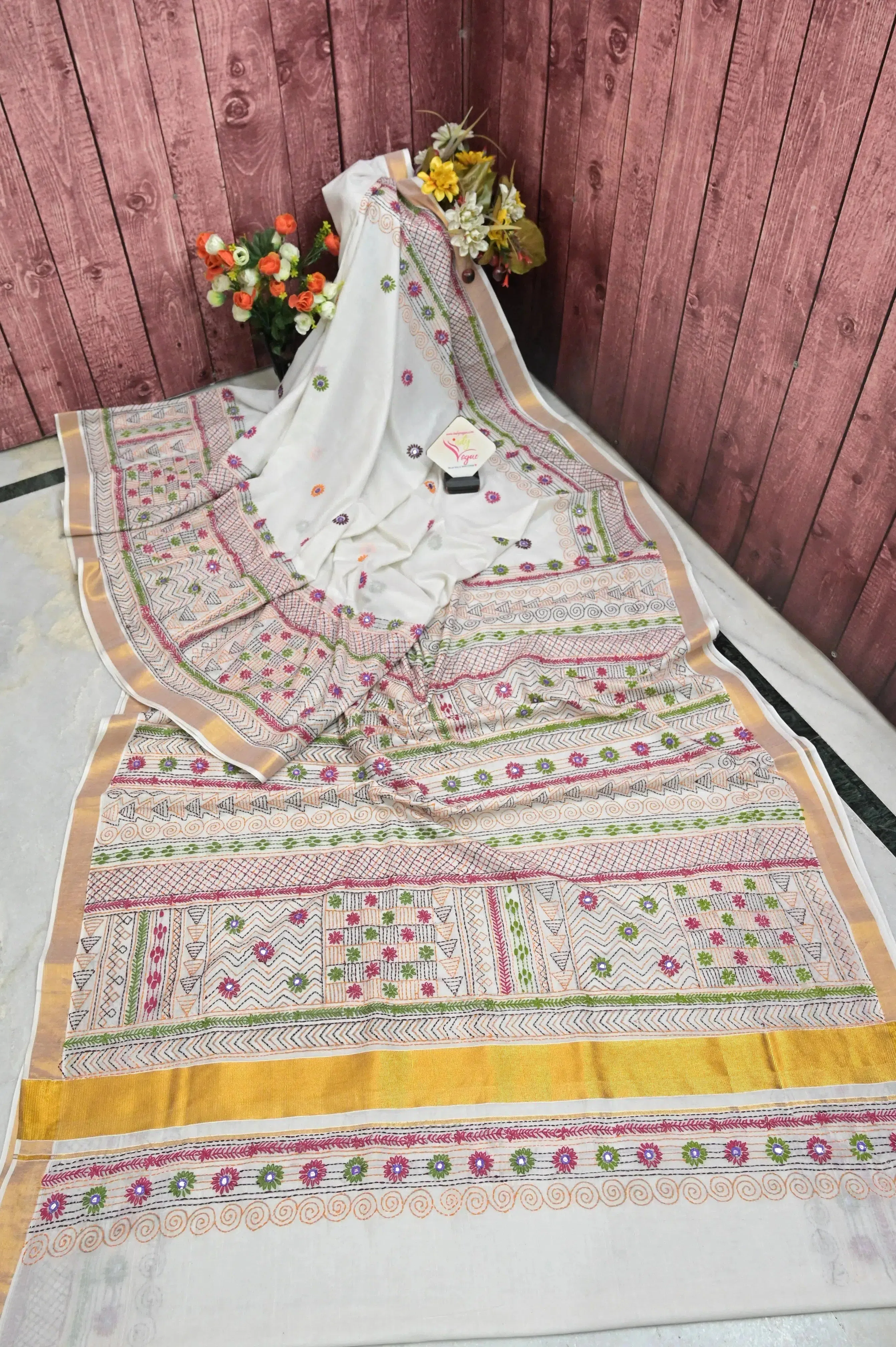 Bone White Color Kerala Cotton Saree with Hand Lambani and Mirror Work