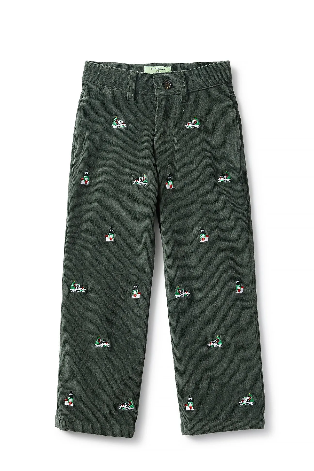 Boys Beachcomber Corduroy Pant Olive with Santa Boat