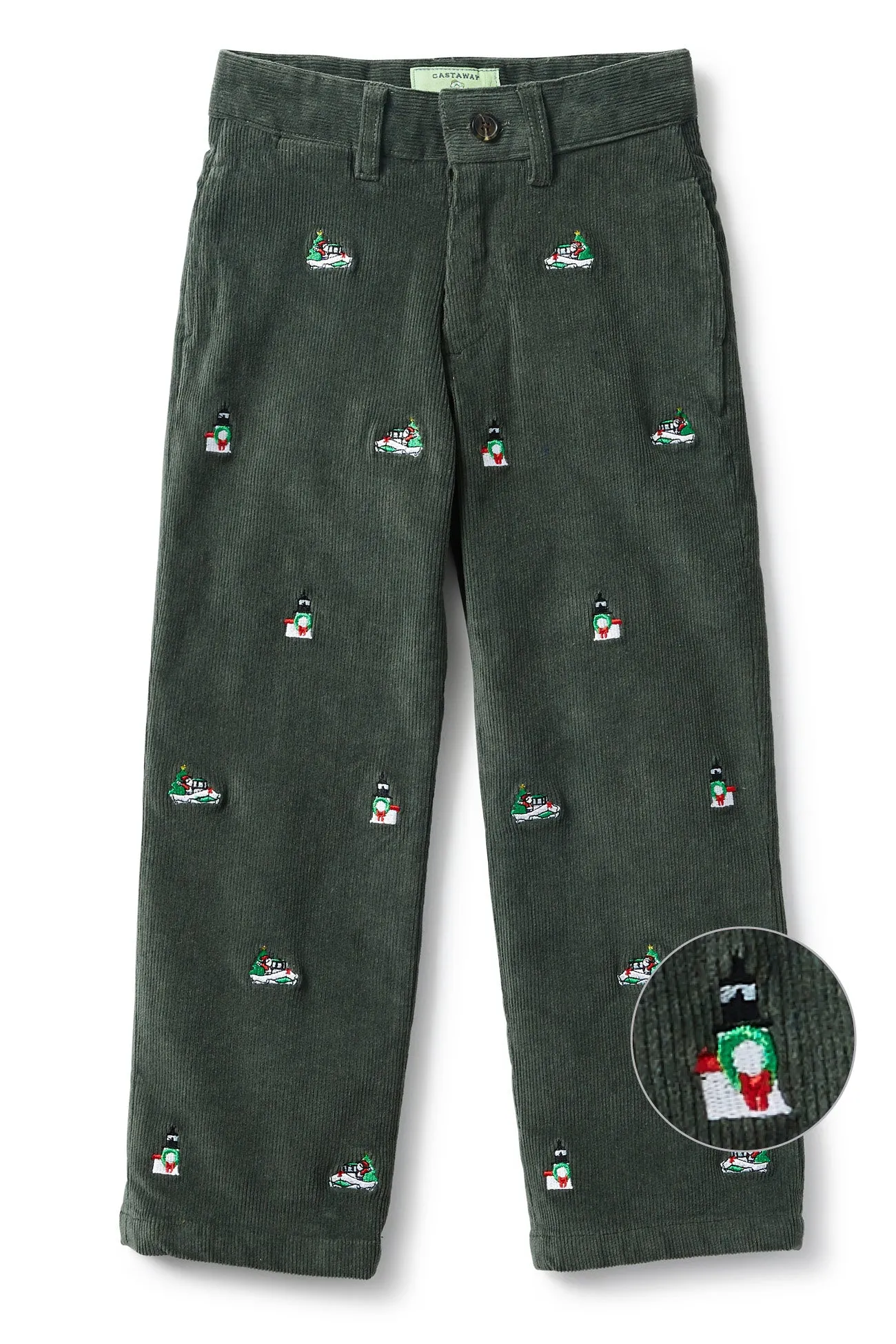 Boys Beachcomber Corduroy Pant Olive with Santa Boat