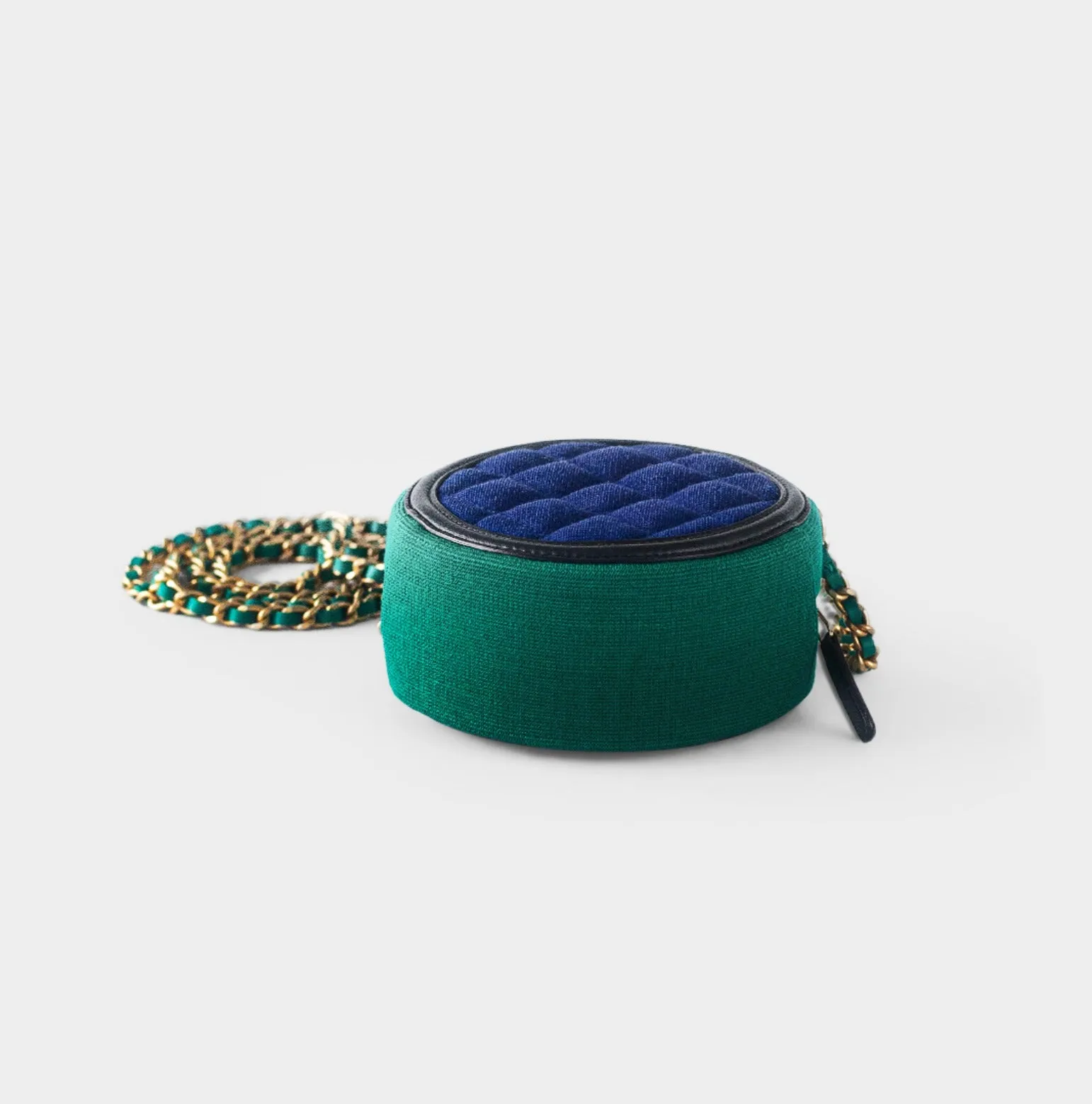 CHANEL-  Round Clutch with Chain Quilted Jersey with Lambskin Logo Blue & Green