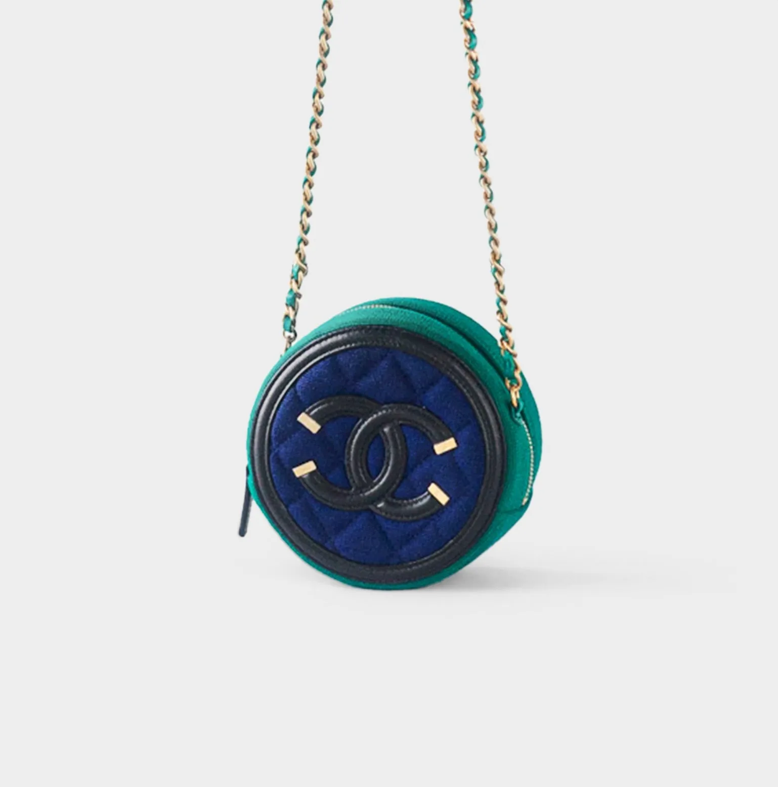 CHANEL-  Round Clutch with Chain Quilted Jersey with Lambskin Logo Blue & Green