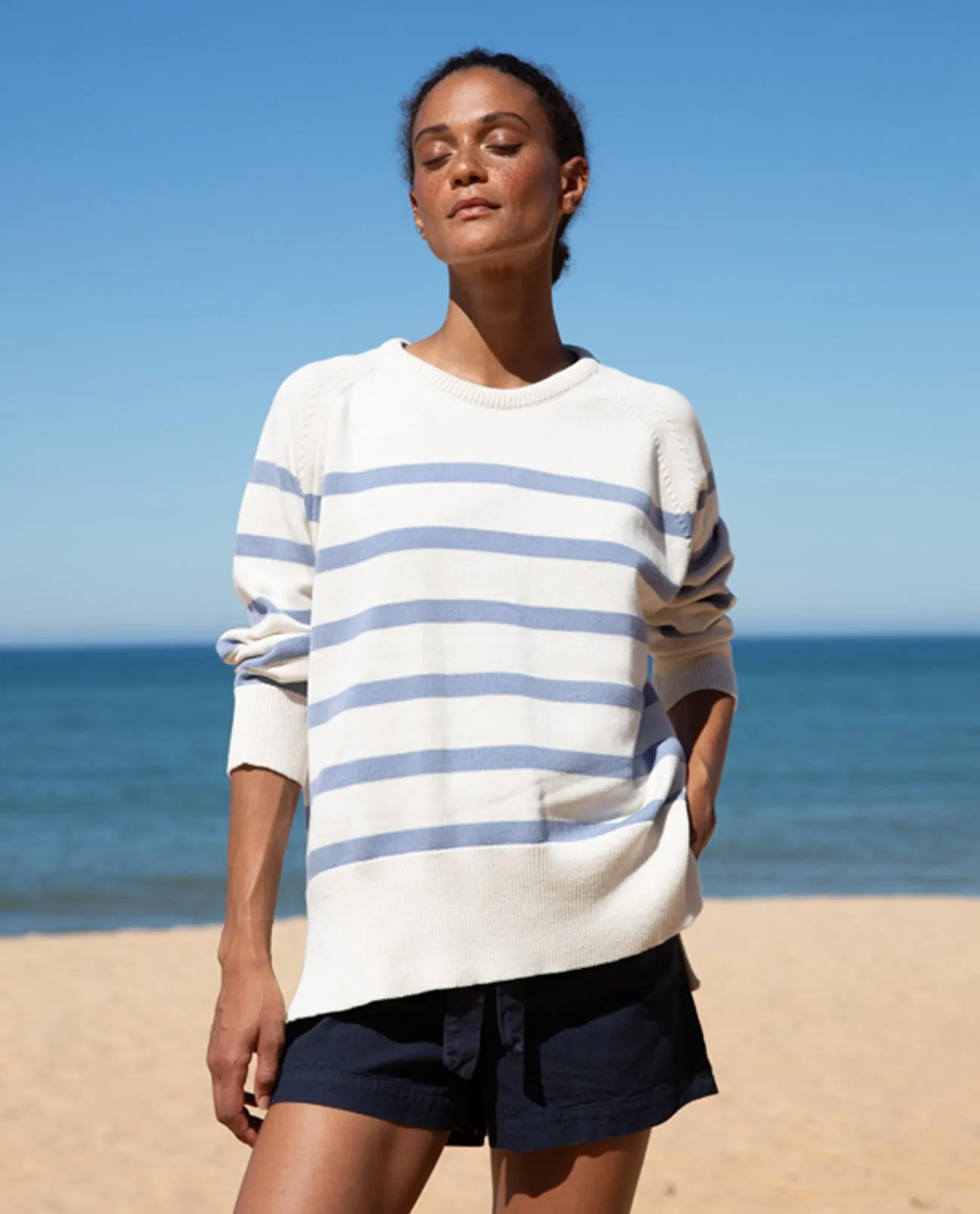 Charlene-Sue Organic Cotton Jumper In Off-White & Sky Stripe